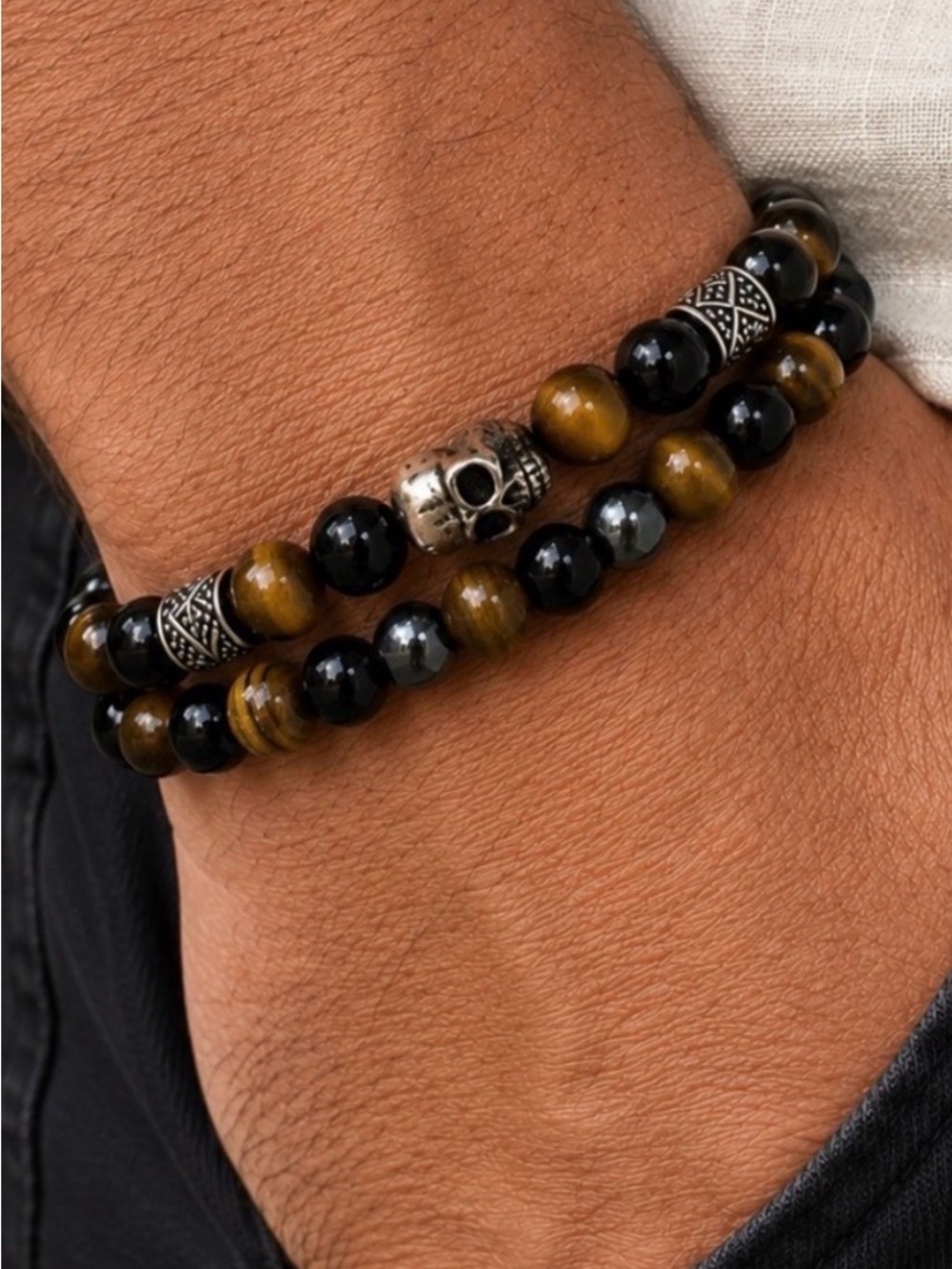 Genuine Beaded Skull Accent Bracelet Set